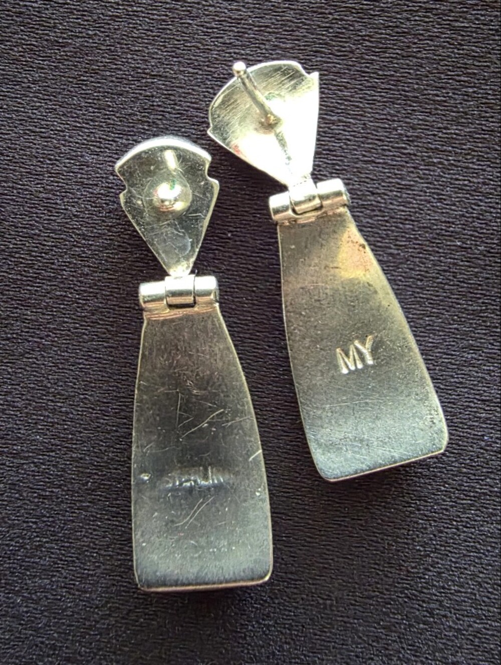 Navajo Marilyn Yazzie Sterling Silver Lab Opal Inlay Dangle Hinge Earrings Vtg - Picture 8 of 12